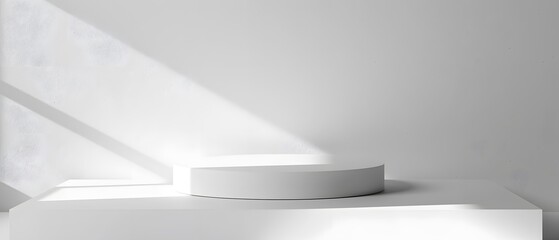Poster - Minimalist Display with White Circular Pedestal and Soft Light Shadows on a Plain Background for Product Presentation and Photography Showcase