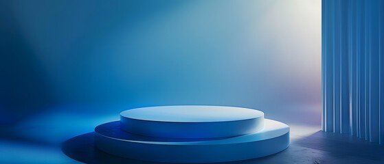 Poster - Minimalist Blue Background with Circular Platforms and Soft Lighting for Creative Photographic Projects and Presentations