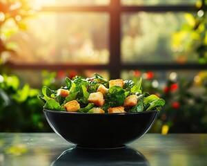 Poster - A vibrant salad with fresh greens and croutons, set against a sunny garden backdrop, highlighting healthy eating and natural beauty.