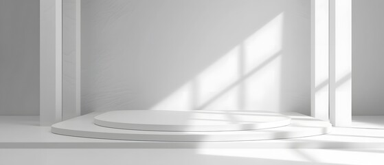Poster - Minimalistic Photography Studio with Soft Natural Light and Elegant White Color Palette, Ideal for Portraits, Product Photography, and Creative Shoots