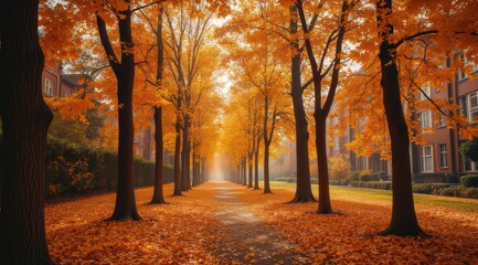 Canvas Print - Vibrant autumn pathway lined with trees