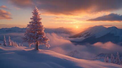 Poster - Lone Snow Covered Tree Mountain Sunset Landscape