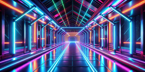 Poster - A vivid tunnel illuminated by bright neon lights in various colors creates a captivating and futuristic setting. The design features sleek lines and a glossy floor reflecting the stunning lights