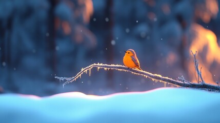 Poster - Orange Bird Perched On A Frosty Winter Branch