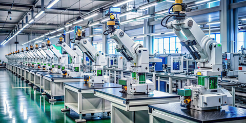 Poster - Collaborative robots are efficiently working on an assembly line in a spacious, well-lit manufacturing facility. The advanced technology enhances productivity and precision