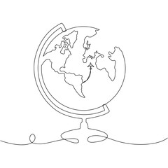 Poster - School globe with route path flying airplane continuous line drawing. World map hand drawn linear symbol. Travel concept. Vector illustration isolated on white.