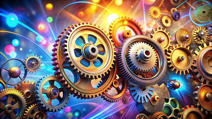 Poster - A collection of intricate gears is artistically arranged against a backdrop of bright, swirling lights. This composition showcases the beauty of mechanical design with vivid colors