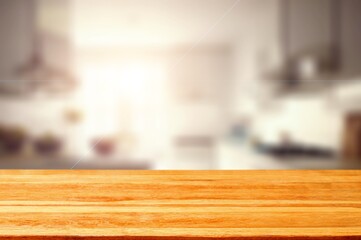 Canvas Print - Empty wooden table top with interior of the kitchen