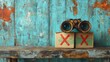 © Alprima - Vintage binoculars placed on wooden boxes against weathered wall