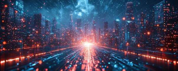Poster - Futuristic blue and orange digital glowing light background