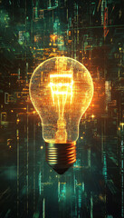 Poster - abstract digital background featuring glowing light bulb surrounded by vibrant data streams and geom