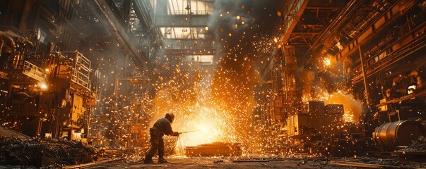 Poster - Industrial worker welding metal in a bustling factory environment