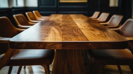 Poster - Empty table and chairs for conference room, corporate company and meeting boardroom in law firm building. Vacant, furniture and seats for luxury office or workplace, interior and clean modern design