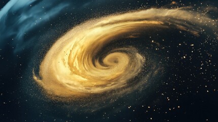 Wall Mural - A stunning golden spiral galaxy with swirling dust and stars against a dark background.