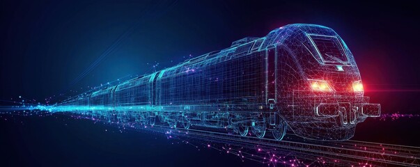 Fototapete - Futuristic low-poly wireframe train on digital network background
