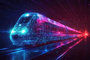 Poster - futuristic digital representation of a glowing blue train in motion