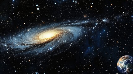 Poster - Galaxy, space and universe with earth on dark background for adventure, astrology or exploration. Cosmos, sky and wallpaper with globe in interstellar solar system for astronomy or cosmology at night 