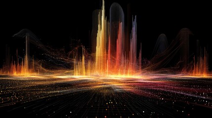 Poster - Abstract Landscape of Colorful Particles and Light Waves with Dynamic Patterns and Vivid Hues Against a Dark Background for Creative Visuals