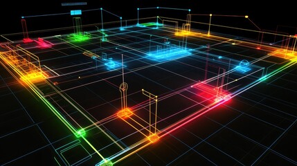 Poster - Vibrant Neon Wireframe Blueprint of a Modern Building Layout with Distinctive Rooms and Structural Features in a Futuristic Design Style