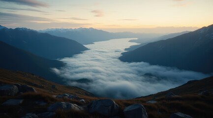 Wall Mural - Mist-covered valley at sunrise