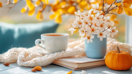 cozy scene featuring cup of tea, flowers, and autumn decor evokes warmth and tranquility