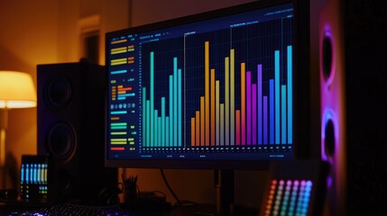Poster - Colorful Audio Visualizer on Screen Showing Sound Wave Analysis with Studio Equipment in Background, Creating a Modern and Vibrant Atmosphere for Music Production