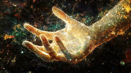 Wall Mural - Digital hand in abstract art style with network of light