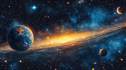 Poster - Galaxy, space and universe with earth on dark background for adventure, astrology or exploration. Cosmos, sky and wallpaper with globe in interstellar solar system for astronomy or cosmology at night 
