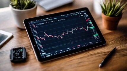 Poster - Digital tablet displaying stock market data on a wooden desk, with plants, smartwatch, and stationery surrounding it for a vibrant work environment