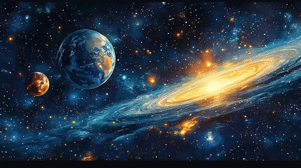 Poster - Galaxy, space and universe with earth on dark background for adventure, astrology or exploration. Cosmos, sky and wallpaper with globe in interstellar solar system for astronomy or cosmology at night 