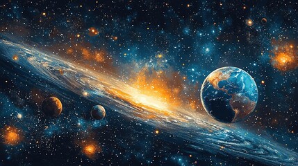 Poster - Galaxy, space and universe with earth on dark background for adventure, astrology or exploration. Cosmos, sky and wallpaper with globe in interstellar solar system for astronomy or cosmology at night 