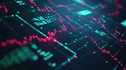 Poster - Abstract digital data visualization featuring glowing graphs and charts with vibrant colors in a futuristic design for technology and finance themes