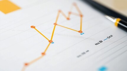 Poster - Close-Up View of a Line Graph on Paper with Orange Data Points and a Black Pen on a Smooth Surface Representing Financial Analysis and Business Strategy