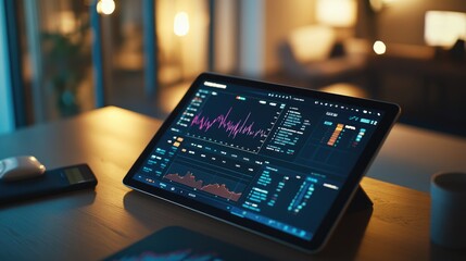  - Close-Up of a Digital Tablet Displaying Financial Data with Charts and Graphs in a Modern Office Environment with Ambient Lighting at Night
