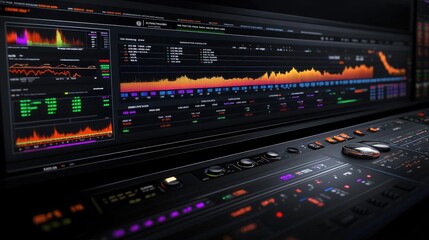 Poster - Advanced Data Visualization Interface Featuring Colorful Graphs and Metrics for Monitoring Performance in High-Tech Environments