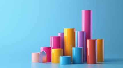 Poster - Colorful Geometric Shapes in Bright Pastel Tones Displaying Balance and Symmetry Against a Soft Blue Background for Creative Design Use
