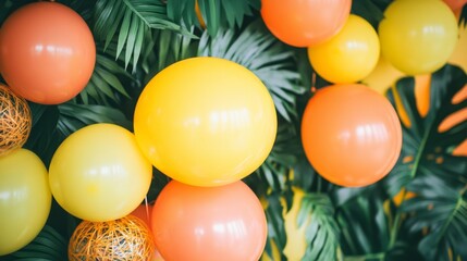 Yellow and orange balloons in a tropical themed birthday room, green plants and beach decor. generative ai