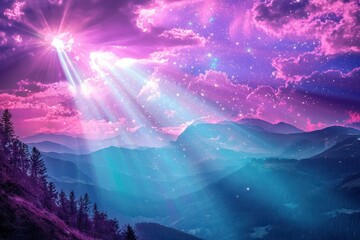 Wall Mural - dreamy landscape with flowing colors and cosmic light rays