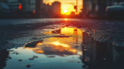 Wall Mural - A beautiful sunset reflecting on a puddle in the street, creating a serene urban scene.