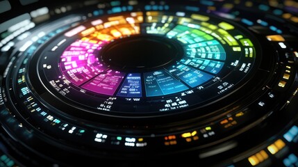 Poster - Abstract colorful digital visualization of a circular interface with vibrant hues, flexible patterns, and futuristic design elements showcasing data in a modern aesthetic.