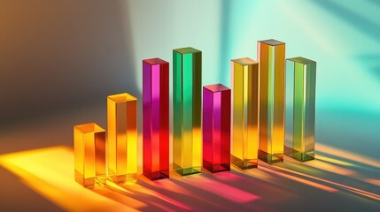 Poster - Colorful Transparent Graphical Bars Representing Data Visualization and Analytical Trends with Reflections and Shadow Effects in Bright Light