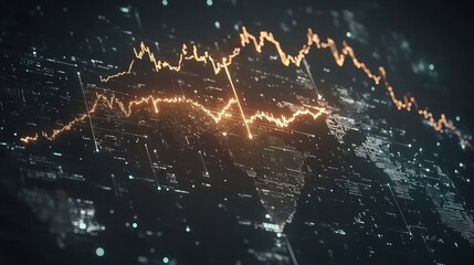 Poster - Abstract representation of global financial markets with glowing data visuals and fluctuating trends on a digital grid background for technology and finance themes.