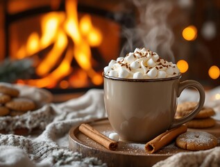 Poster - Close-up of a steaming cup of hot chocolate topped with whipped cream and marshmallows, cinnamon sticks and cookies, glowing fireplace , warm and inviting winter atmosphere
