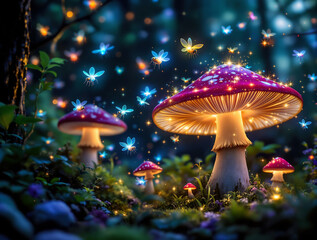 Poster - Close-up of colorful enchanted fireflies hovering near glowing mushrooms in a mystical forest