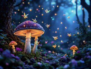 Poster - Close-up of colorful enchanted fireflies hovering near glowing mushrooms in a mystical forest