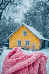 Canvas Print - Red Blanket at Yellow House Entrance