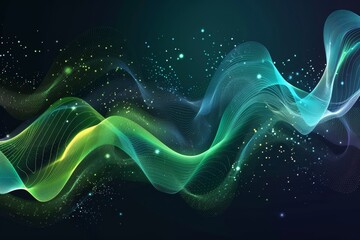 Poster - Colorful abstract waves flow in dark space, blending vibrant blue, green, and yellow hues with twinkling particles