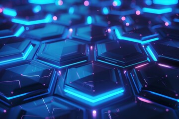 Poster - Abstract close-up view of glowing blue and purple hexagonal patterns illuminated in a futuristic design