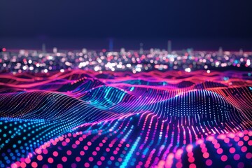 Poster - Colorful digital wave representation over a city skyline illuminated at night showcasing vibrant lights and modern technology