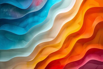 Poster - Vibrant wave patterns in colorful hues, showcasing an abstract design with layers of red, orange, yellow, blue, and turquoise blending artistically